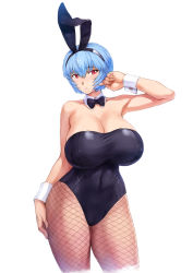 Rule 34 | 1girl, alternate breast size, animal ears, armpits, ayanami rei, bad id, bad twitter id, bare shoulders, black leotard, blue hair, breasts, cleavage, covered erect nipples, curvy, detached collar, fake animal ears, fishnets, highleg, highleg leotard, highres, huge breasts, leotard, looking at viewer, mogudan, neon genesis evangelion, pantyhose, playboy bunny, rabbit ears, rabbit tail, red eyes, shiny clothes, shiny skin, short hair, smile, solo, standing, thighs, white background