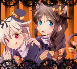 Rule 34 | 10s, 2girls, :q, ahoge, alternate costume, animal ears, bad id, bad pixiv id, blonde hair, blush, bow, braid, brown hair, cat ears, hair flaps, hair ribbon, halloween, hand on another&#039;s shoulder, hat, kantai collection, long hair, looking at viewer, mini hat, mini top hat, multiple girls, porokkon, ribbon, shigure (kancolle), single braid, smile, striped, striped background, tail, tail bow, tail ornament, tareme, tongue, tongue out, top hat, vertical stripes, yuudachi (kancolle)