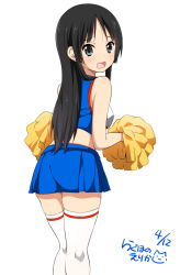 Rule 34 | 1girl, :o, akiyama mio, black hair, blunt bangs, blush, breasts, cheerleader, from behind, grey eyes, k-on!, long hair, looking at viewer, looking back, midriff, official style, open mouth, pom pom (cheerleading), ragho no erika, simple background, skirt, solo, tears, thighhighs, white background, white thighhighs