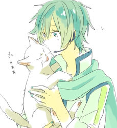 Rule 34 | 1boy, akiyoshi (tama-pete), animal, aqua scarf, blue eyes, blue hair, carrying, cat, headset, kaito (vocaloid), kiss, kissing animal, lowres, male focus, matching hair/eyes, scarf, solo, vocaloid