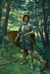 Rule 34 | 1boy, armor, branch, brown hair, day, eriopsis, forest, full body, hand on hilt, highres, holding, holding shield, knight, medium hair, nature, original, outdoors, shield, solo, sword, tree, weapon