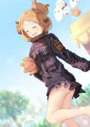 Rule 34 | 1girl, :d, ^ ^, abigail williams (fate), abigail williams (traveling outfit) (fate), ass, bad id, bad pixiv id, balloon, barefoot, black bow, black jacket, blonde hair, blue eyes, blue sky, blurry, blurry background, blush, bow, chinchongcha, closed eyes, commentary request, day, depth of field, dutch angle, fate/grand order, fate (series), feet out of frame, hair bow, hair bun, highres, jacket, long hair, long sleeves, looking at another, looking at viewer, medjed (fate), hugging object, official alternate costume, open mouth, orange bow, outdoors, parted bangs, polka dot, polka dot bow, single hair bun, sky, sleeves past fingers, sleeves past wrists, smile, solo, standing, standing on one leg, stuffed animal, stuffed toy, teddy bear, teeth, tree, upper teeth only