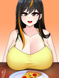 Rule 34 | 1girl, absurdres, black hair, breast rest, breasts, breasts on table, brown eyes, dress, food, highres, huge breasts, original, pizza, tagme, the only shoe, yellow dress