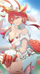 Rule 34 | 1girl, 1other, ^ ^, adapted costume, adjusting clothes, adjusting headwear, animal ears, bare shoulders, blue sky, blush, bouquet, bra, breasts, bridal veil, cleavage, closed eyes, closed mouth, clover, collarbone, day, detached collar, earrings, elphelt valentine, fake animal ears, flower, four-leaf clover, gloves, guilty gear, guilty gear xrd, hair between eyes, hairband, hand up, hat, highres, holding hands, jewelry, koda1ra, lace trim, large breasts, leaf, lens flare, petals, pink flower, pink hair, pink rose, pov, pov hands, rabbit ears, red bra, red gloves, rose, short hair, sky, smile, solo focus, spiked gloves, spiked hairband, spikes, split mouth, standing, strapless, twitter username, two-tone gloves, underwear, veil, white gloves, white hairband, yellow headwear