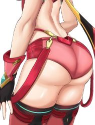 Rule 34 | 1girl, ass, ass focus, back, black gloves, desspie, downscaled, fingerless gloves, gloves, head out of frame, huge ass, nintendo, pyra (xenoblade), red shorts, red thighhighs, resized, short shorts, shorts, thighhighs, thighs, white background, xenoblade chronicles (series), xenoblade chronicles 2