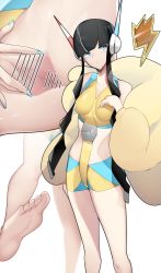 Rule 34 | 1girl, arm at side, bar censor, bare shoulders, barefoot, bike shorts, black hair, blue eyes, blue nails, blunt bangs, breasts, censored, close-up, closed mouth, coat, collarbone, commentary request, creatures (company), elesa (pokemon), fur coat, game freak, hand up, headphones, highres, looking to the side, multiple views, nail polish, nintendo, pokemon, pokemon bw2, pussy, short hair with long locks, soles, spread pussy, toes, white background, yellow coat, yuuyuu (yuuki1771)