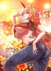 Rule 34 | 1girl, absurdres, ass, blonde hair, blurry, blurry background, breasts, closed mouth, colored eyelashes, cowboy shot, crop top, dancing, denim, festival, hand up, highres, hip focus, horns, hoshiguma yuugi, huge breasts, leaf print, light particles, lights, long hair, looking at viewer, looking to the side, pants, parted bangs, pocket, pointy ears, red eyes, red horns, red shirt, shiny clothes, shirt, sidelocks, single horn, smile, solo, spiked belt, star (symbol), star print, stomach, sunnysideup, touhou, translation request, underboob, very long hair