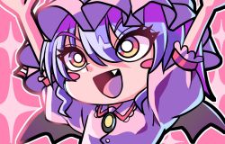 Rule 34 | 1girl, arms up, bat wings, blush, brooch, collared shirt, fang, happy, jewelry, looking at viewer, mahoro (minase mahoro), multicolored eyes, open mouth, purple hair, remilia scarlet, shirt, short hair, solo, touhou, upper body, vampire, wings