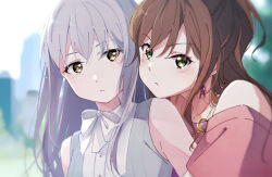 Rule 34 | 2girls, bang dream!, blurry, blurry background, bow, brown hair, commentary request, dress, earrings, green eyes, grey dress, grey hair, imai lisa, jewelry, long hair, looking at viewer, minato yukina, multiple girls, necklace, pink shirt, ponytail, rabbit earrings, shirt, sidelocks, single bare shoulder, toto (sa-dosama), white bow, white shirt, yellow eyes, yuri