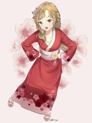 Rule 34 | 1girl, absurdres, artist name, player character (mabinogi), blonde hair, braid, collarbone, commentary, floral background, floral print, hair ornament, hair over shoulder, highres, japanese clothes, kimono, long sleeves, looking at viewer, mabinogi, open mouth, pink shorts, red eyes, red kimono, saemoy, shoes, shorts, smile, solo