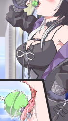 0-pie 1girl black_hair black_jacket breasts candy cleavage cutting_out_below_the_eyes_is_hot_(meme) food head_out_of_frame highres hololive hololive_english jacket large_breasts licking lollipop medium_hair meme motion_lines multicolored_hair piercing shiori_novella shiori_novella_(1st_costume) solo tongue_piercing two-tone_hair virtual_youtuber white_hair