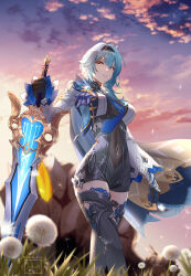 Rule 34 | 1girl, absurdres, black gloves, black hairband, black shorts, black thighhighs, blue hair, blue necktie, breasts, cloud, commentary, dandelion, eula (genshin impact), feet out of frame, flower, genshin impact, gloves, grass, hairband, highres, holding, holding sword, holding weapon, large breasts, long hair, long sleeves, looking at viewer, necktie, outdoors, parted lips, shirt, short shorts, shorts, solo, song of broken pines (genshin impact), standing, sword, thighhighs, thighs, weapon, white shirt, whyte srsn, yellow eyes