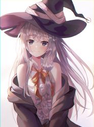 Rule 34 | 1girl, absurdres, bad id, bad pixiv id, bare shoulders, black hat, blouse, blue eyes, blush, center frills, closed mouth, collared shirt, commentary request, dasha, dress shirt, elaina (majo no tabitabi), frills, grey background, hat, highres, huge filesize, jacket, long hair, long sleeves, looking at viewer, majo no tabitabi, off shoulder, open clothes, open jacket, orange ribbon, ribbon, shirt, silver hair, simple background, sleeveless, sleeveless shirt, smile, solo, upper body, white shirt, witch hat