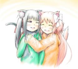Rule 34 | 10s, 2girls, :d, akemi homura, alternate hairstyle, animal ears, black hair, bow, cat ears, cat tail, closed eyes, denko unezumi, hair bow, kaname madoka, kemonomimi mode, long hair, looking at another, mahou shoujo madoka magica, mahou shoujo madoka magica (anime), multiple girls, one eye closed, open mouth, pink hair, purple eyes, short hair, simple background, smile, tail, twintails, two side up, white background, yuri