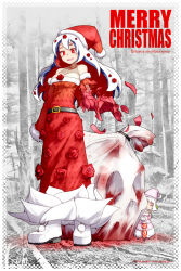 Rule 34 | 2girls, :d, ^ ^, amanita muscaria, bare shoulders, belt, belt skirt, blood, blue hair, blush, blush stickers, boletus rhodocarpus, boots, border, breasts, character name, chibi, choker, christmas, cleavage, closed eyes, closed umbrella, colored eyelashes, detached sleeves, dress, english text, female focus, fishnets, flower, forest, full body, fur trim, gloves, glowing, glowing eyes, halterneck, hat, holding, large breasts, light smile, long dress, long hair, looking at viewer, merry christmas, mini person, minigirl, monochrome background, multicolored hair, multiple girls, mushroom girl, nature, open mouth, original, oso-teki kinoko gijinka zukan, oso (toolate), outdoors, parted bangs, partially colored, peeking, personification, petals, pink dress, planted, planted umbrella, polka dot, polka dot dress, red dress, red eyes, red flower, red hair, red rose, rose, sack, santa boots, santa costume, santa hat, short hair, sleeves past wrists, smile, standing, strapless, strapless dress, tree, umbrella, white gloves, white hair