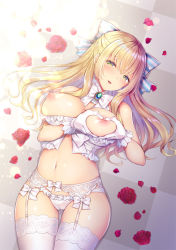 Rule 34 | 1girl, bare arms, bare shoulders, blonde hair, bow, bowtie, breasts, breasts out, cameltoe, cendrillion (wonderland wars), checkered floor, cleavage, cowboy shot, flower, garter belt, gloves, green eyes, hair bow, half updo, heart-shaped boob challenge, kuroe (sugarberry), large breasts, long hair, looking at viewer, lying, navel, nipples, on back, on floor, panties, parted lips, petals, red flower, rose, sidelocks, solo, stomach, striped, striped bow, thighhighs, thighs, underwear, white bow, white gloves, white panties, white thighhighs, wonderland wars