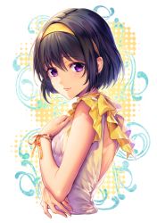Rule 34 | 1girl, arm across waist, beads, black hair, closed eyes, closed mouth, colored eyelashes, commentary request, cropped torso, dress, frilled sleeves, frills, from side, glint, hairband, hand on own chest, highres, looking at viewer, looking to the side, milcho, original, purple eyes, ribbon, short hair, short sleeves, signature, smile, solo, upper body, white dress, wrist ribbon, yellow hairband, yellow ribbon