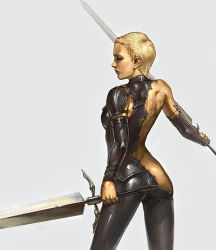 Rule 34 | 1girl, armor, blonde hair, bodysuit, claymore (series), claymore (sword), closed eyes, deneve, detached sleeves, dual wielding, from behind, holding, leo chuang, pauldrons, short hair, shoulder armor, solo, sword, torn clothes, weapon
