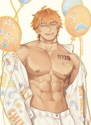 Rule 34 | 1boy, abs, alternate pectoral size, balloon, bara, bare pectorals, blue eyes, commentary, earrings, genshin impact, hair between eyes, heithanoll, highres, jacket, jewelry, large pectorals, male focus, mature male, muscular, muscular male, navel, nipples, open clothes, orange hair, pants, pectorals, short hair, single earring, smile, solo, tartaglia (genshin impact), white pants