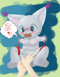 Rule 34 | 1girl, absurdres, aoimua, bdsm, blue eyes, blush, cat, clitoral stimulation, clitoris, colored skin, digimon, digimon (creature), female ejaculation, female focus, fingering, furry, furry female, gag, gagged, highres, improvised gag, male hand, nipples, pussy, pussy juice, restrained, solo, tailmon, tape, tape gag, uncensored, whiskers, white skin