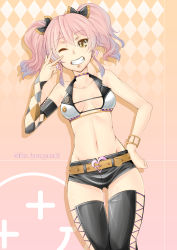 Rule 34 | 10s, 1girl, ;d, absurdres, argyle, argyle background, argyle clothes, bare shoulders, black thighhighs, bracelet, breasts, character name, choker, collarbone, cowboy shot, crop top, earrings, grin, hand on own hip, highres, idolmaster, idolmaster cinderella girls, jewelry, jougasaki mika, looking at viewer, navel, one eye closed, open mouth, pink hair, short hair, short shorts, short twintails, shorts, small breasts, smile, smiley face, solo, stomach, thighhighs, twintails, v over eye, x x, yasai no ou-sama lettuce