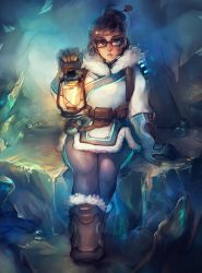 Rule 34 | 1girl, arm up, belt, black-framed eyewear, blue background, blue gloves, boots, brown footwear, brown hair, coat, full body, fur-trimmed coat, fur-trimmed parka, fur trim, glasses, gloves, hair ornament, hairpin, highres, holding, holding lantern, ice, lantern, looking at viewer, matilda fiship, mei (overwatch), melting, overwatch, overwatch 1, parka, parted lips, rectangular eyewear, short hair, sitting, solo, thick thighs, thighs, winter clothes