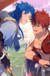 Rule 34 | 2boys, anger vein, angry, black gloves, blue capelet, blue hair, cape, capelet, collarbone, commentary request, cu chulainn (caster) (fate), cu chulainn (fate), day, earrings, echo (circa), emiya shirou, english text, fate/grand order, fate (series), fingerless gloves, fur-trimmed hood, fur trim, gloves, hair between eyes, height difference, holding, holding staff, holding sword, holding weapon, hood, hood down, hooded capelet, japanese clothes, jewelry, long hair, looking at another, male focus, multiple boys, open mouth, outdoors, pointy hair, red eyes, red hair, senji muramasa (fate), short hair, single bare shoulder, sky, smile, staff, sword, teeth, topless male, twitter username, upper body, upper teeth only, weapon, white cape, yellow eyes