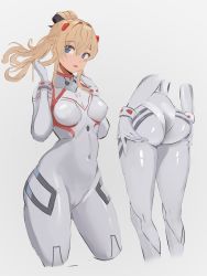 Rule 34 | 1girl, absurdres, ass grab, ass support, blue eyes, bodysuit, breasts, cameltoe, cleft of venus, commentary, cosplay, covered navel, cropped legs, curvy, english commentary, evangelion: 3.0+1.0 thrice upon a time, genshin impact, hair intakes, highres, interface headset, jean (genshin impact), long hair, looking at viewer, medium breasts, mirai hikari, multiple views, neon genesis evangelion, pilot suit, plugsuit, ponytail, rebuild of evangelion, skin tight, souryuu asuka langley, souryuu asuka langley (cosplay), white bodysuit