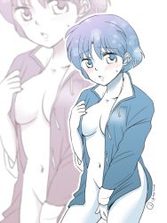 Rule 34 | 1girl, blush, bottomless, breasts, female focus, hanamutsuki, looking at viewer, open clothes, open mouth, open shirt, partially colored, ranma 1/2, shirt, short hair, solo, tendou akane, white background, zoom layer