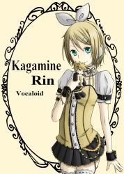Rule 34 | 1girl, 827117117, blonde hair, brother and sister, character doll, character name, colorized, copyright name, green eyes, highres, kagamine len, kagamine rin, short hair, siblings, simple background, skirt, smile, solo, thighhighs, vocaloid