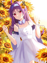 Rule 34 | 1girl, ahoge, bare shoulders, blurry, blush, bow, bowtie, collarbone, commentary request, depth of field, detached sleeves, dress, dutch angle, field, flower, flower field, hair flower, hair intakes, hair ornament, hairband, light blush, long hair, looking at viewer, luna31800, pointy ears, purple hair, red eyes, sidelocks, solo, summer, sunflower, sword art online, twitter username, very long hair, w arms, white dress, yellow flower, yuuki (sao)