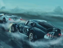 Rule 34 | car, highres, motor vehicle, no humans, original, painterly, race vehicle, racecar, racing stripes, rain, spoiler (automobile), tail lights, thrux, united states, vehicle focus, vehicle request, wet