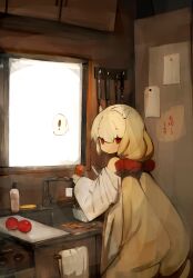 Rule 34 | !, 1girl, bare shoulders, blonde hair, carrot, commentary request, cupboard, cutting board, drill hair, hair ornament, highres, horns, indoors, kitchen, knife, long hair, long sleeves, looking at viewer, looking back, loose clothes, low twintails, original, partial commentary, peeling, red eyes, shirokujira, shirt, sink, slit pupils, solo, spatula, spoken exclamation mark, tomato, towel, translation request, twintails, very long hair, white shirt, window