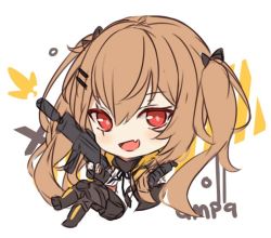 Rule 34 | 1girl, :d, big head, black bow, black footwear, black jacket, black pantyhose, black ribbon, black skirt, blush, boots, bow, brown hair, character name, commentary, english commentary, fang, girls&#039; frontline, gun, h&amp;k ump, h&amp;k ump, hair between eyes, hair bow, hair ornament, hairclip, hitsukuya, holding, holding gun, holding weapon, jacket, knee boots, long hair, long sleeves, looking at viewer, name connection, neck ribbon, object namesake, open mouth, pantyhose, pleated skirt, red eyes, ribbon, scar, scar across eye, scar on face, shirt, sketch, skirt, smile, solo, twintails, ump9 (girls&#039; frontline), very long hair, weapon, white background, white shirt