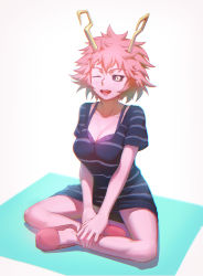 Rule 34 | 10s, 1girl, absurdres, ashido mina, bad id, bad pixiv id, black sclera, boku no hero academia, colored sclera, colored skin, highres, horns, one eye closed, open mouth, pink hair, pink skin, shirt, simple background, solo, striped clothes, striped shirt, yatisi, yellow eyes