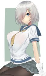 Rule 34 | 10s, 1girl, between breasts, black pantyhose, blue eyes, breasts, eyebrows, gloves, grey skirt, hair ornament, hair over one eye, hairclip, hamakaze (kancolle), highres, kantai collection, large breasts, looking at viewer, necktie, necktie between breasts, onineko-chan, outside border, pantyhose, pleated skirt, school uniform, see-through, serafuku, short hair, short sleeves, silver hair, simple background, skirt, solo, striped clothes, striped skirt, white gloves
