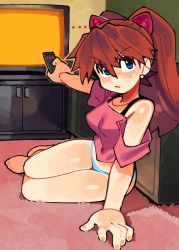 Rule 34 | 1girl, bare legs, barefoot, blue eyes, breasts, brown hair, controller, ear piercing, earrings, interface headset, jewelry, leaning forward, looking at another, looking at viewer, medium breasts, neon genesis evangelion, panties, piercing, remote control, shiny skin, sitting, solo, souryuu asuka langley, striped clothes, striped panties, thick thighs, thighs, tsundere, twintails, two side up, underwear, underwear only, wamudraws, wide hips