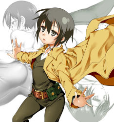 Rule 34 | 1girl, ass, belt, black hair, coat, double-breasted, female focus, flat chest, funnyari, kino (kino no tabi), kino no tabi, outstretched arms, parted lips, partially colored, short hair, solo, spread arms