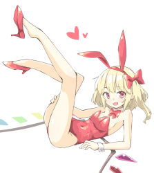 Rule 34 | 1girl, :d, animal ears, armpit crease, arnest, bare arms, bare legs, bare shoulders, blonde hair, bow, bowtie, collarbone, costume, covered navel, crystal, detached collar, dot nose, elbow rest, fake animal ears, fang, feet up, flandre scarlet, full body, groin, hair bow, hairband, hand on own thigh, heart, high heels, highres, legs, leotard, light blush, long hair, looking at viewer, looking to the side, no socks, one side up, open mouth, plantar flexion, playboy bunny, pumps, rabbit ears, red bow, red bowtie, red eyes, red footwear, red hairband, red leotard, shiny skin, shoe dangle, shoe soles, shoes, simple background, skin fang, smile, solo, strapless, strapless leotard, touhou, white background, wings, wrist cuffs