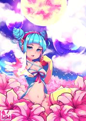 Rule 34 | 1girl, absurdres, apple, aqua eyes, aqua hair, bare shoulders, blue eyes, blue hair, breasts, cleavage, elbow gloves, female focus, flower, food, fruit, girl (anime expo), gloves, highres, kami-sama (girl), matching hair/eyes, murlovely, nightgown, short twintails, solo, thighhighs, twintails, yellow gloves