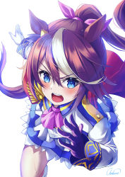 Rule 34 | 1girl, absurdres, animal ears, ascot, blue eyes, bow, brown hair, buttons, cape, chakuma (yiyh1468), double-breasted, ear bow, epaulettes, frills, hair between eyes, highres, horse ears, horse girl, horse tail, looking at viewer, multicolored hair, open mouth, pink ascot, pink hair, ponytail, red cape, running, signature, simple background, single epaulette, solo, streaked hair, tail, tokai teio (umamusume), umamusume, white background