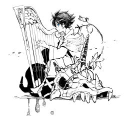 Rule 34 | 1boy, bard (final fantasy), blue eyes, bartz klauser, final fantasy, final fantasy v, flower, greyscale, harp, headband, horns, instrument, looking at viewer, looking to the side, monochrome, monster, shadow, simple background, single horn, sitting, skull, smile, tunic, udonnigu, white background