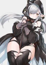 Rule 34 | 1girl, absurdres, arknights, bare shoulders, black thighhighs, breasts, commentary request, covered navel, crocodilian tail, flower, gloves, goggles, goggles around neck, grey background, grey gloves, highres, holding, holding staff, hood, huge filesize, long sleeves, looking at viewer, medium breasts, partial commentary, pointy ears, simple background, single sidelock, solo, staff, swept bangs, tail, tamayume, thighhighs, thighs, tomimi (arknights), white flower