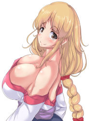 Rule 34 | 1girl, arc the lad, arc the lad ii, bare shoulders, blonde hair, blush, braid, breasts, brown eyes, brown hair, cleavage, female focus, huge breasts, lieza (arc the lad), long hair, looking at viewer, ponzu yuki, shiny skin, simple background, single braid, smile, solo, very long hair, white background