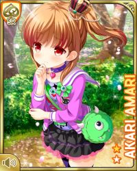 Rule 34 | 1girl, :o, amari akari, bag, beads, black skirt, bow, brown hair, card (medium), character name, collar, crown, day, forest, frilled skirt, frills, garter straps, girlfriend (kari), hair beads, hair bow, hair ornament, handbag, jacket, lace, looking at viewer, multicolored hair, nail polish, nature, official art, open mouth, outdoors, ponytail, purple jacket, purple shirt, qp:flapper, red eyes, shirt, short hair, side ponytail, sidelocks, skirt, solo, standing, streaked hair, tagme, thighhighs, thinking