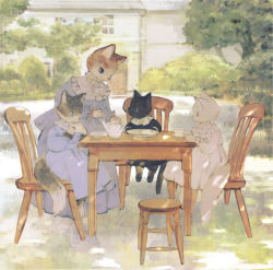 Rule 34 | absurdres, animal, animal focus, black dress, blue dress, cat, chair, clothed animal, collar, cup, dress, frilled collar, frills, highres, no humans, original, outdoors, table, tea party, teacup, tono (rt0no), white dress
