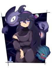 Rule 34 | 1girl, @ @, absurdres, afuron, ahoge, alternate breast size, black hair, border, breasts, closed mouth, commentary request, creatures (company), dress, game freak, gen 1 pokemon, gen 2 pokemon, gen 5 pokemon, gen 8 pokemon, hair between eyes, hairband, haunter, hex maniac (pokemon), highres, large breasts, litwick, long hair, misdreavus, nintendo, pokemon, pokemon (creature), pokemon xy, polteageist, purple hairband, sweat, white border