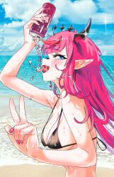 Rule 34 | 1girl, absurdres, bare shoulders, beach, bikini, black bikini, blue eyes, blue sky, blush, breasts, can, cleavage, cloud, collarbone, day, gurumie, halo, heterochromia, highres, hololive, hololive english, horizon, horns, irys (hololive), long hair, looking at viewer, medium breasts, multicolored hair, ocean, open mouth, outdoors, pink eyes, pointy ears, purple hair, red hair, sand, shore, sky, soda, solo, stomach, streaked hair, swimsuit, very long hair, virtual youtuber, water