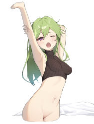 Rule 34 | 1girl, absurdres, armpits, bottomless, breasts, cleft of venus, covered erect nipples, crop top, cropped legs, genshin impact, green hair, hair between eyes, highres, kuki shinobu, looking at viewer, midriff, navel, no panties, obam, one eye closed, open mouth, purple eyes, pussy, small breasts, solo, white background, yawning