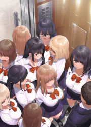 Rule 34 | 1boy, 6+girls, black eyes, black hair, blonde hair, blouse, blue eyes, blue skirt, bow, bowtie, breasts, brown eyes, brown hair, button gap, cleavage, commentary request, elevator, glasses, kaisen chuui, large breasts, looking at another, mole, mole under eye, multiple girls, open mouth, original, pleated skirt, red bow, red bowtie, school uniform, shirt, short hair, skirt, standing, tears, white shirt